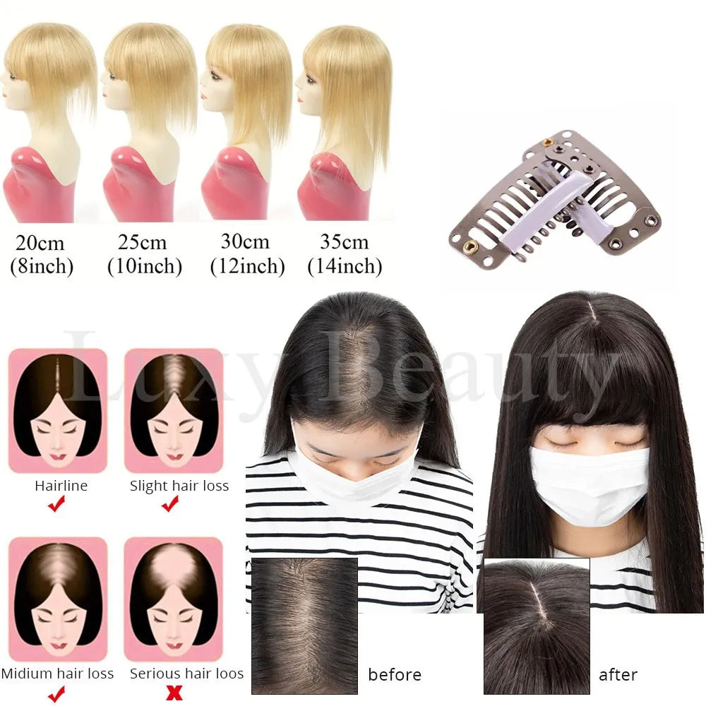 Human Hair Topper with Bangs - 3.1x4.7 inch Clip-In Hair Piece