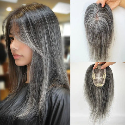 5x3" · Mono & PU Base · Brazilian Remy Human Hair · Hair Topper · Grey White Blend · for Women Clip-In