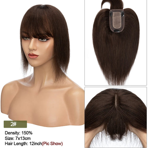 7x13 CM · Silk Base · Center Part· 100% Human Hair · Hair Topper · 16 Colors (Black | Brown | Blonde | Grey) · for Women Clip-In