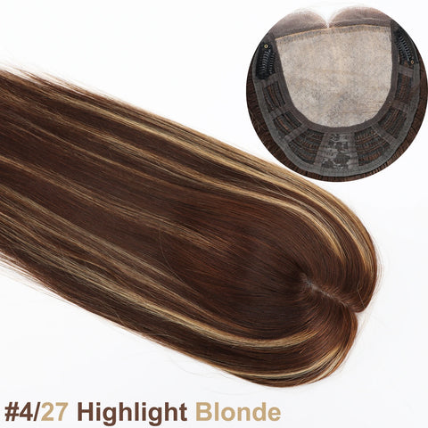 6–8" Base · Silk Base & Lace Front · Free Part · European Remy Human Hair Topper · Brown Blonde Highlight · Straight · for Women · Clip-In