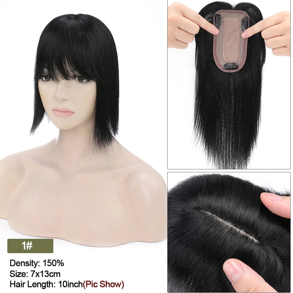 VenusEnt 2.8x5" Silk Base Hair Topper with Bangs - Human Hair Clip-In Hairpiece