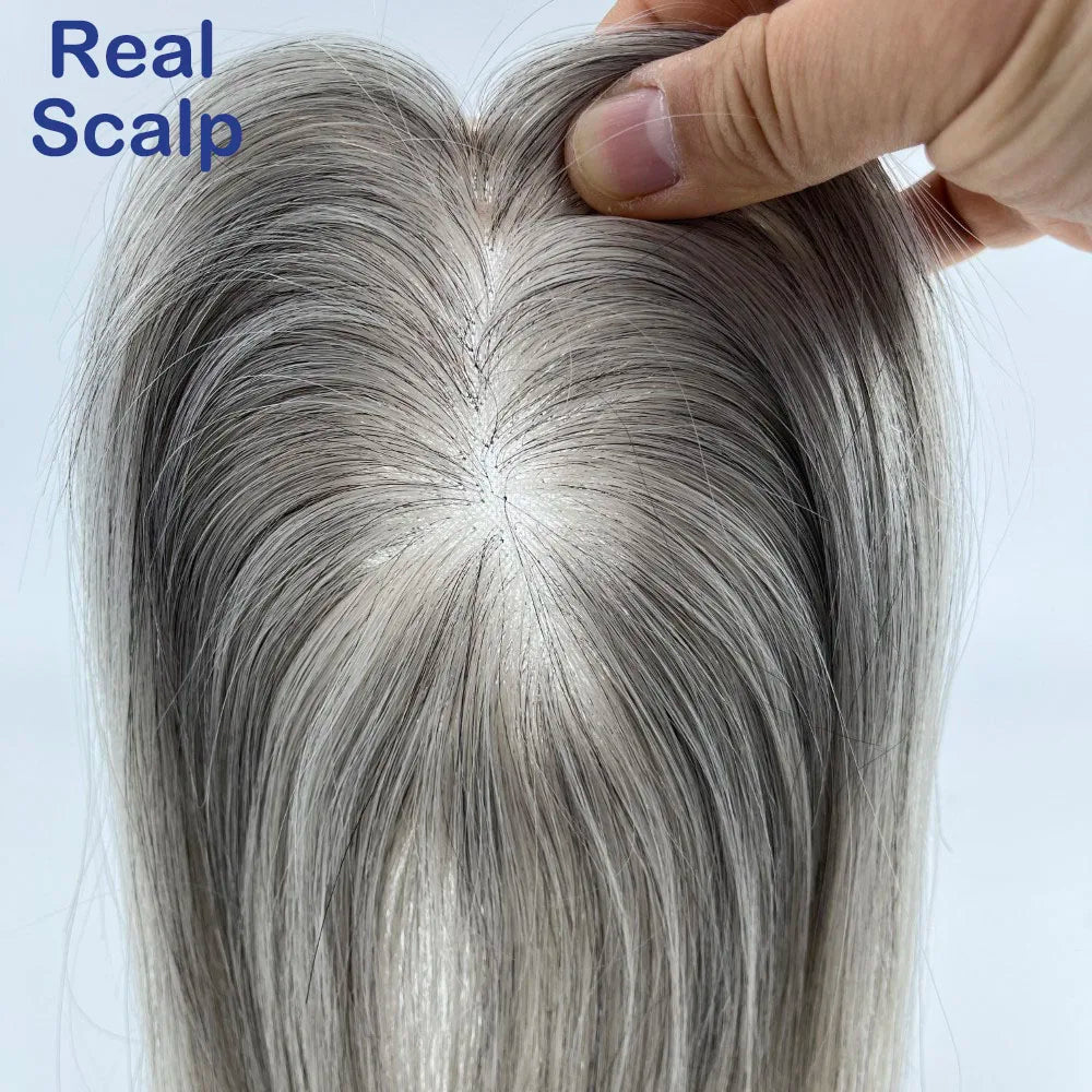 VenusEnt 5x3" Mono Base Gray Hair Topper - Remy Brazilian Human Hair with Natural White Blend