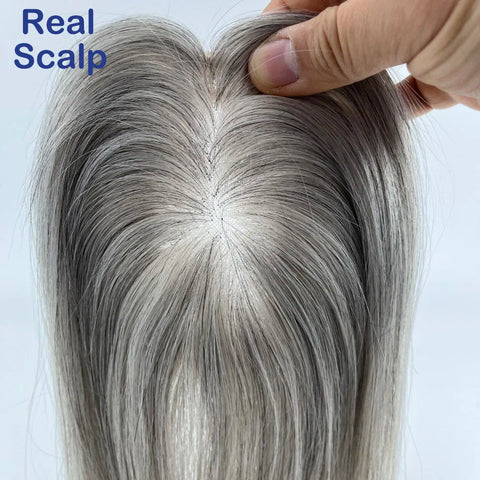 5x3" · Mono & PU Base · Brazilian Remy Human Hair · Hair Topper · Grey White Blend · for Women Clip-In