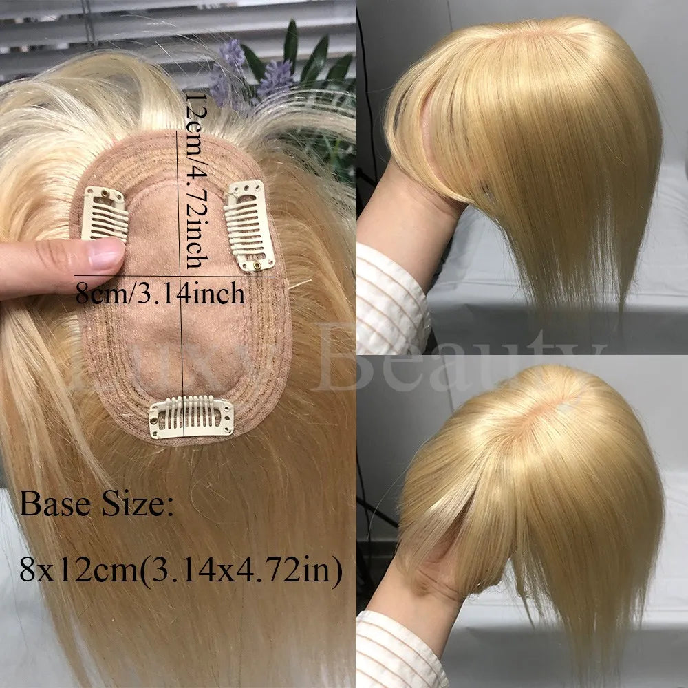 Human Hair Topper with Bangs - 3.1x4.7 inch Clip-In Hair Piece