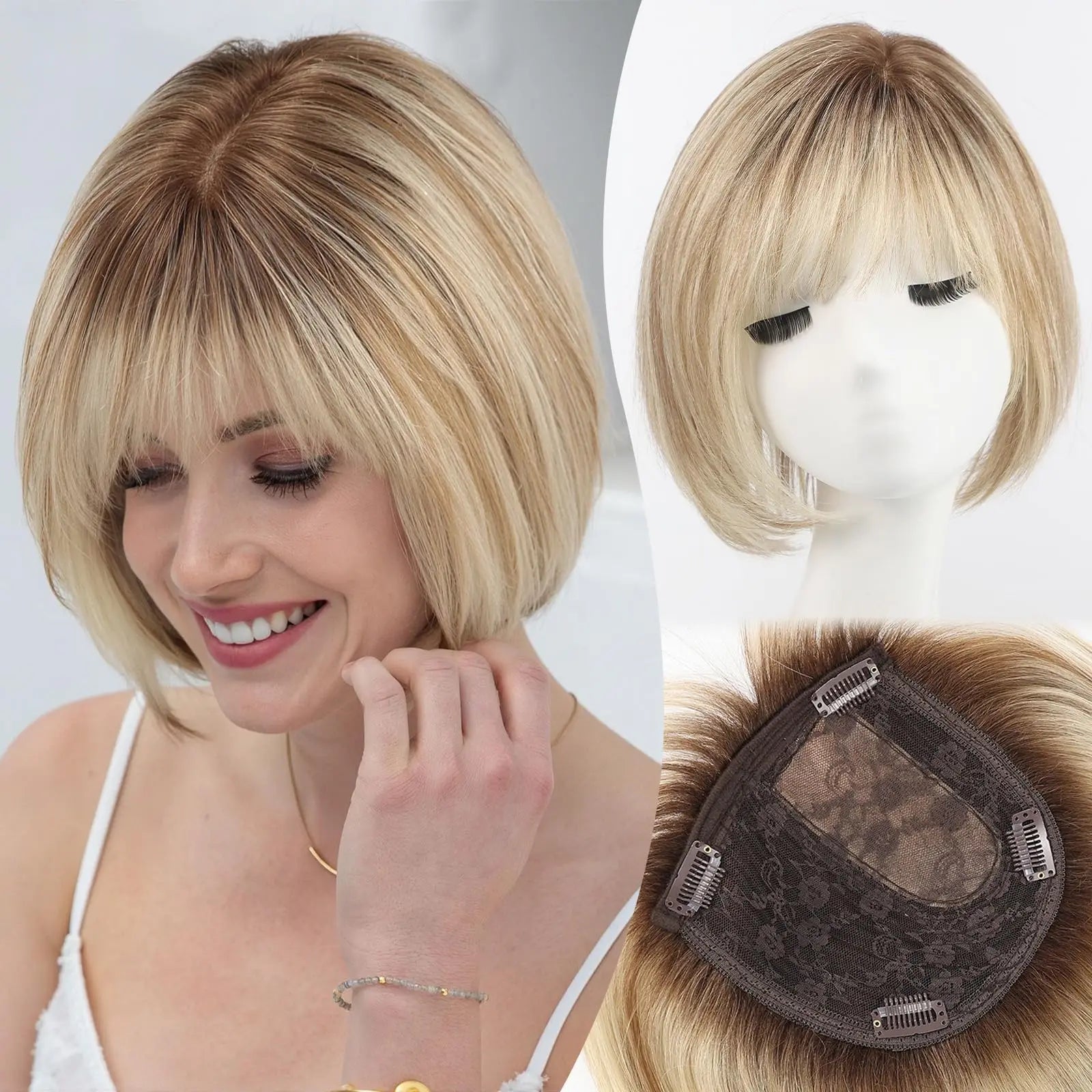 6.5x6.5" · Silk Base · Remy Human Hair Topper · with Bangs & Side Part · 7 Colors · 10 Inches · for Women · 4 Clips