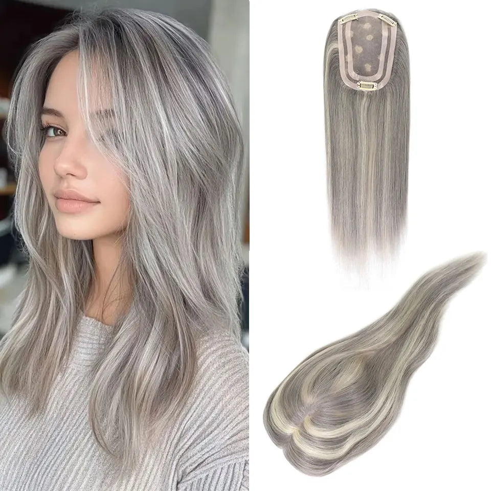 4x6" · Mono & PU Base · Brazilian Remy Human Hair Topper · Multi-Color · 14 Inches · for Women · Clip-In