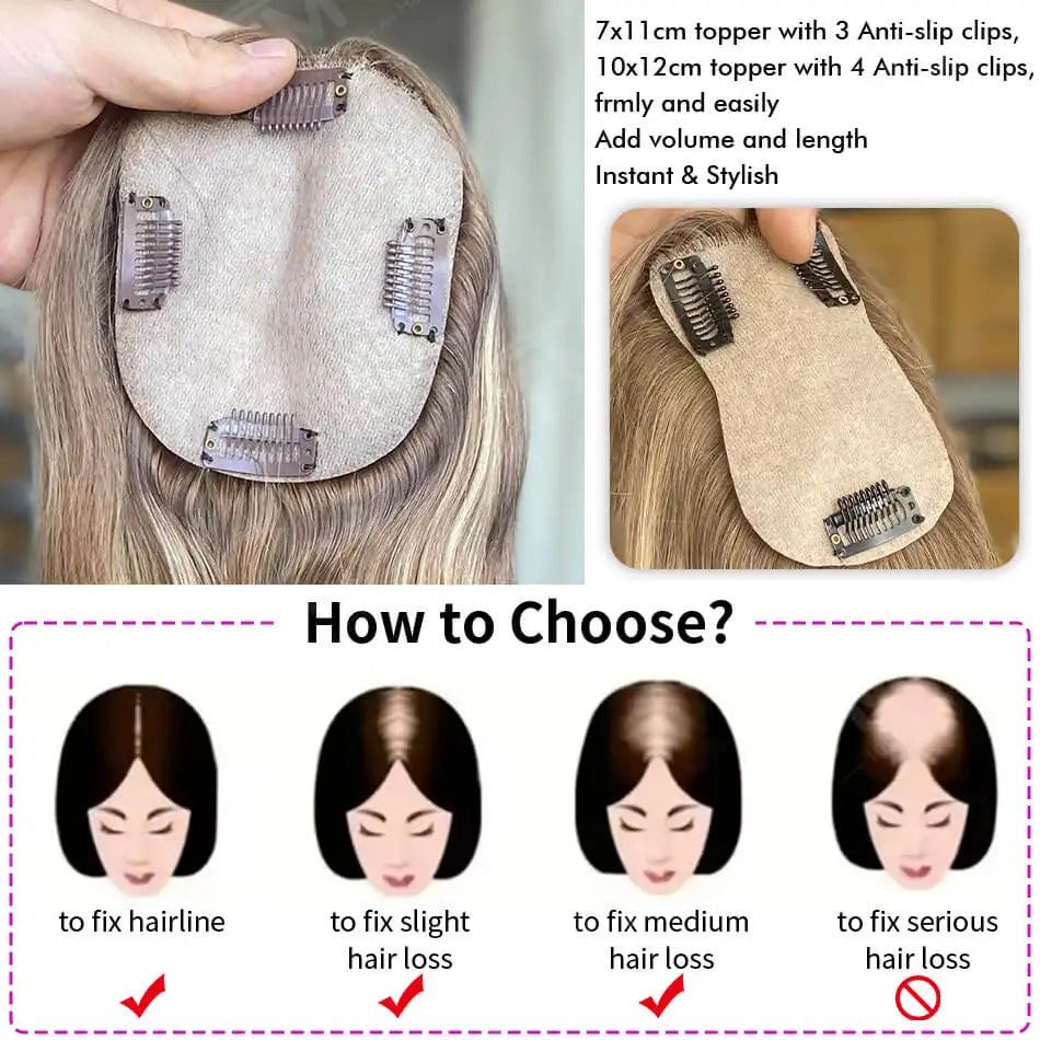3*4"&4*5" · Skin Scalp Base · Chinese Remy Human Hair · Hair Topper · Straight, Multi-Color · for Women · Clip-In