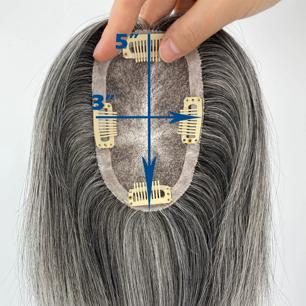 VenusEnt 5x3" Mono Base Gray Hair Topper - Remy Brazilian Human Hair with Natural White Blend