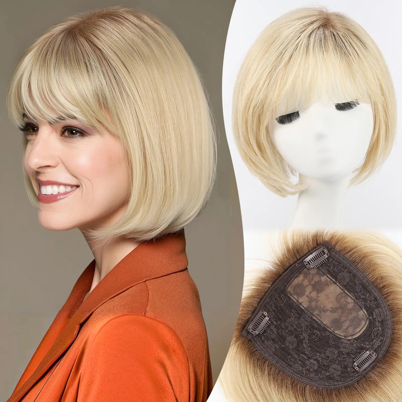 6.5x6.5" · Silk Base · Remy Human Hair Topper · with Bangs & Side Part · 7 Colors · 10 Inches · for Women · 4 Clips