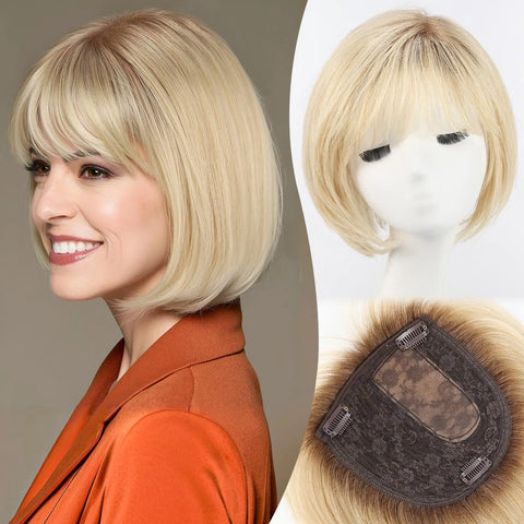 6.5x6.5" · Silk Base · Remy Human Hair Topper · with Bangs & Side Part · 7 Colors · 10 Inches · for Women · 4 Clips