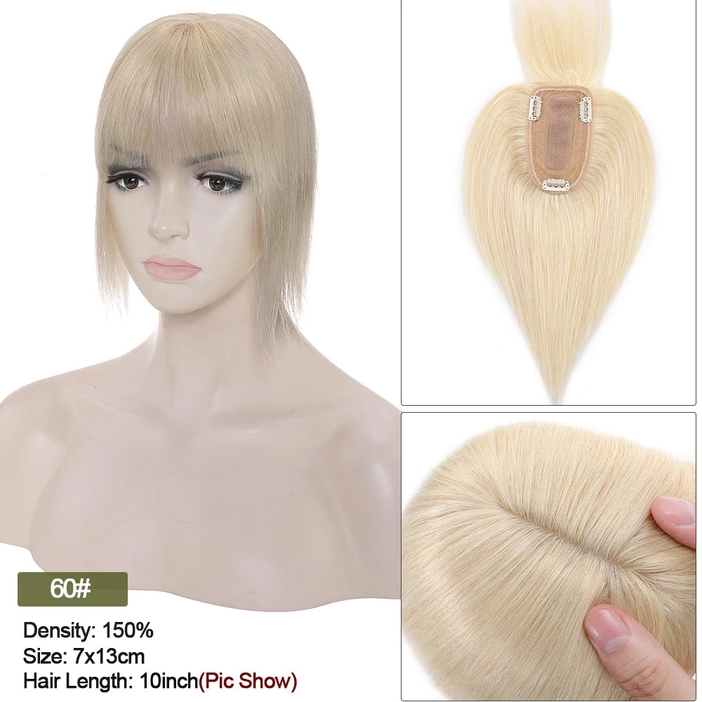 VenusEnt 2.8x5" Silk Base Hair Topper with Bangs - Human Hair Clip-In Hairpiece