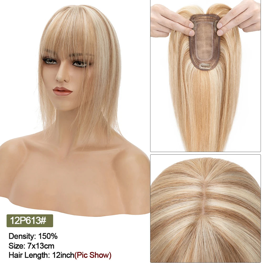 VenusEnt 2.8x5" Silk Base Hair Topper with Bangs - Human Hair Clip-In Hairpiece