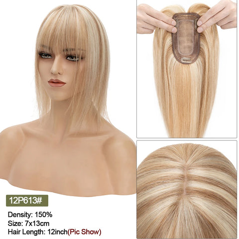 7x13 CM · Silk Base · Center Part· 100% Human Hair · Hair Topper · 16 Colors (Black | Brown | Blonde | Grey) · for Women Clip-In