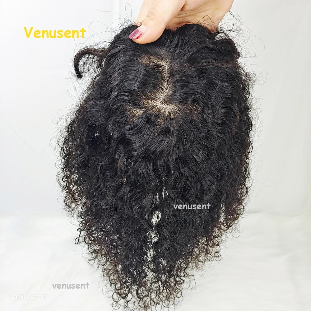 5x5 & 6x6" · Silk Base · Indian Virgin Human Hair Topper with Bangs · Curly & Straight · 150% Density · for Women · Clip-In