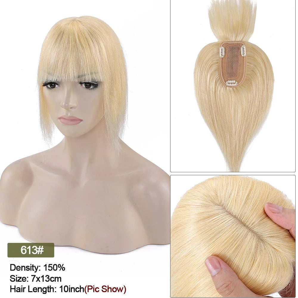 VenusEnt 2.8x5" Silk Base Hair Topper with Bangs - Human Hair Clip-In Hairpiece