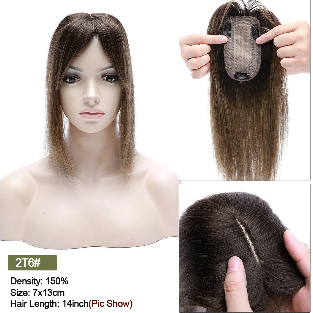 VenusEnt 2.8x5" Silk Base Hair Topper with Bangs - Human Hair Clip-In Hairpiece