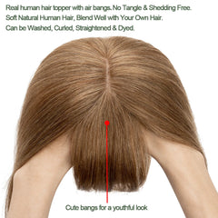 VenusEnt 2.8x5" Silk Base Hair Topper with Bangs - Human Hair Clip-In Hairpiece