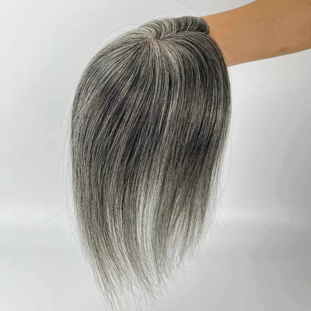 VenusEnt 5x3" Mono Base Gray Hair Topper - Remy Brazilian Human Hair with Natural White Blend
