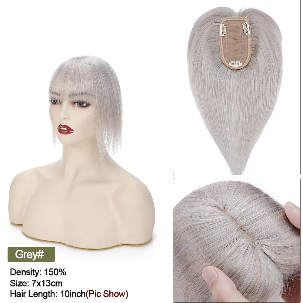 VenusEnt 2.8x5" Silk Base Hair Topper with Bangs - Human Hair Clip-In Hairpiece