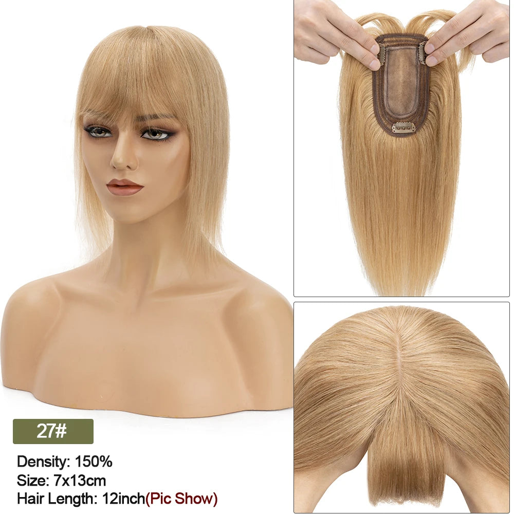 VenusEnt 2.8x5" Silk Base Hair Topper with Bangs - Human Hair Clip-In Hairpiece