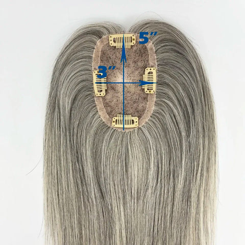 5x3" · Mono & PU Base · Center Crown · European Virgin Human Hair · Hair Topper · Grey Mix White · for Women Clip-In