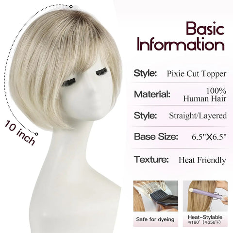 6.5x6.5" · Silk Base · Remy Human Hair Topper · with Bangs & Side Part · 7 Colors · 10 Inches · for Women · 4 Clips