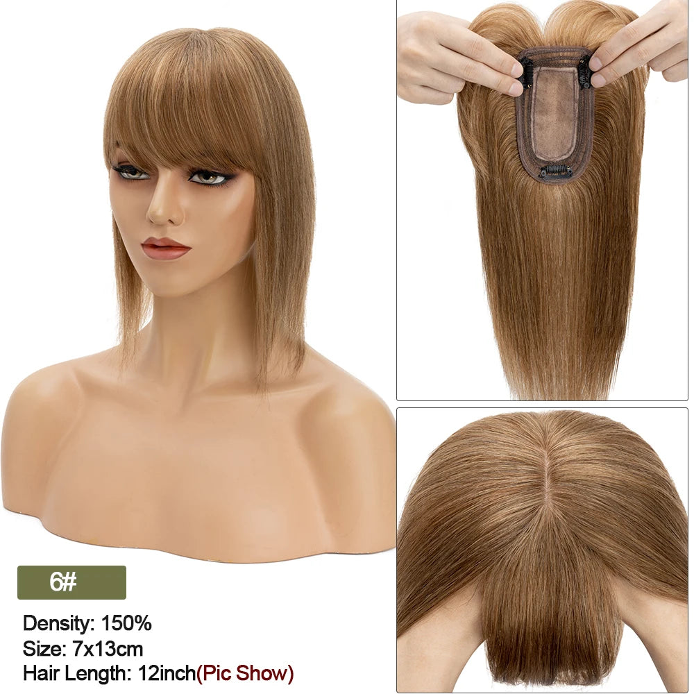 VenusEnt 2.8x5" Silk Base Hair Topper with Bangs - Human Hair Clip-In Hairpiece